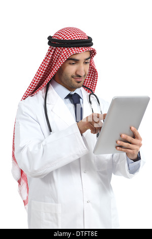 Arab saudi emirates doctor man browsing a digital tablet isolated on a white background Stock Photo