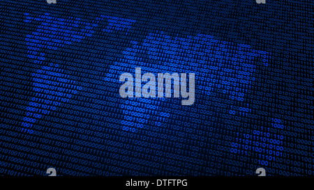 Global world map with binary matrix background. Falling sign on dark ...