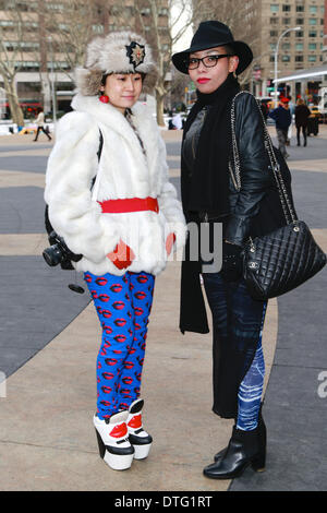 Mari Drookayn and Hitomi Iijima arriving at the Betsey Johnson runway show in New York City - Feb 12, 2014 - Photo: Runway Manhattan/Charles Eshelman/picture alliance Stock Photo