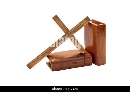 cross and two bibles with wooden covers Stock Photo