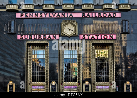 The art deco facade of the Pennsylvania Railroad Suburban Station in the late afternoon. Stock Photo