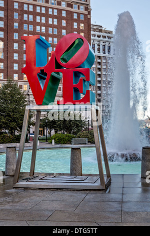 Love sign and water fountain at the Love Park officially named the John F. Kennedy Plaza located in Center City, Pennsylvania. The park is dedicated to the late United States president John F. Kennedy.