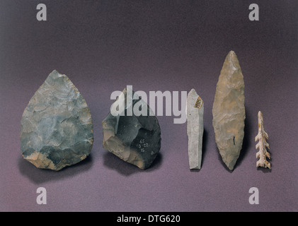 Stone tools including chopping tools, hand-axes, picks and spheroids, from  the Acheulean industry. Acheulean refers to an archaeological industry of  stone tool manufacture characterized by distinctive oval and pear-shaped  'hand-axes' associated with