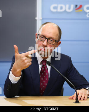 Berlin, Germany. 17th Feb, 2014. Ukrainian opposition leader Arseniy Yatsenyuk attends a press conference in Berlin, Germany, on Feb. 17, 2014. German Chancellor Angela Merkel met with Ukrainian opposition leaders here on Monday, her spokesman Steffen Seibert said in a statement posted on the German government's website. Credit:  Zhang Fan/Xinhua/Alamy Live News Stock Photo