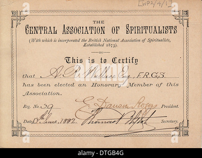 A.R. Wallace's Spiritualist Certificate Stock Photo