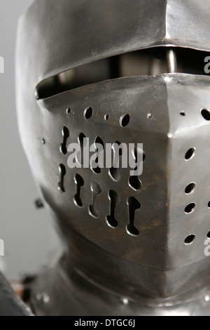 tin/silver armor head piece from medieval times. Used to protect during battles. Stock Photo