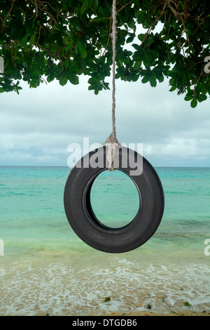 An old tire swing in the south pacific hangs from a tree on a beautiful tropical beach. Stock Photo