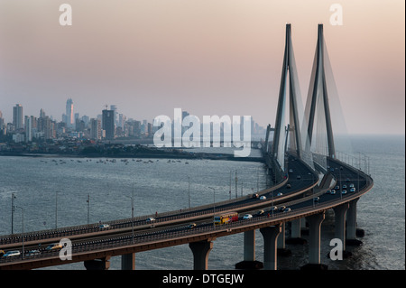 Sunset evening view of the Bandra Worli Sea Link bridge. A testament to India's technological development. Stock Photo