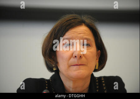 Vienna, Austria. 17th Feb, 2014. Austrian Minister of the Interior Johanna Mikl-Leitner speaks during the conferece of joining forces against trafficking in human beings in Vienna, Austria, Feb. 17, 2014. Prominent European officials called on governments at an international anti-trafficking conference in Vienna on Monday to intensify the fight against modern-day slavery. Credit:  Qian Yi/Xinhua/Alamy Live News Stock Photo