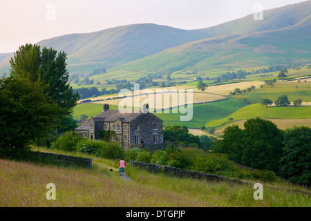 Old Lady walking her dog to her House below the Howgill Fells Yorkshire Dales National Park, Cumbria, England. Hay time. Stock Photo