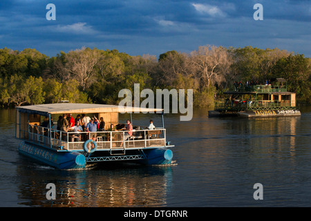 Cruise along the Victoria Falls aboard the ' African Queen'.  Other boats sailing in the Zambezi River. Victoria Falls is famous Stock Photo