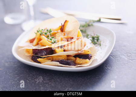 Blood sausage,apple and scallop mille-feuille Stock Photo