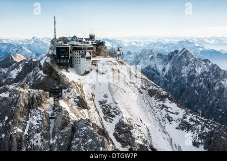 Aerial view, Schneefernerhaus building and Münchner Haus building on the peak of Zugspitze mountain, Garmisch-Partenkirchen Stock Photo