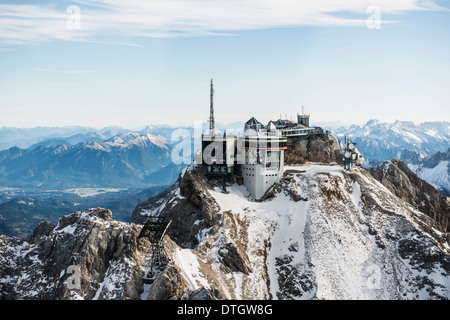 Aerial view, Schneefernerhaus building and Münchner Haus building on the peak of Zugspitze mountain, Garmisch-Partenkirchen Stock Photo