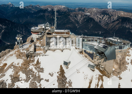 Aerial view, Schneefernerhaus building and Münchner Haus building on the peak of Zugspitze mountain, Garmisch-Partenkirchen Stock Photo