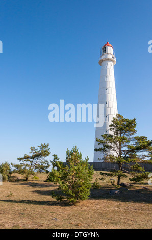 Tall white Tahkuna lighthouse in Hiiumaa, Estonia Stock Photo