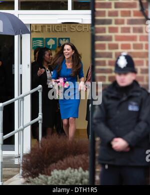 Feb. 14, 2014 - Ealing, UK - The Duchess of Cambridge, Kate Middleton, opens the ICAP Art Room at Northolt High School in Ealing. Art Room is a charity that provides art as therapy to children in Oxford and London of whom Her Royal Highness is the Patron. (Credit Image: © Pete Lusabia/NurPhoto/ZUMAPRESS.com) Stock Photo