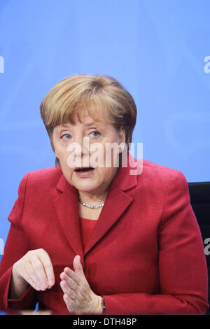 Berlin, Germany. 18th Feb, 2014. German Chancellor Angela Merkel attends a press conference after a meeting with visiting Swiss President Didier Burkhalter at the Chancellery in Berlin, capital of Germany, on Feb. 18, 2014. © Zhang Fan/Xinhua/Alamy Live News Stock Photo