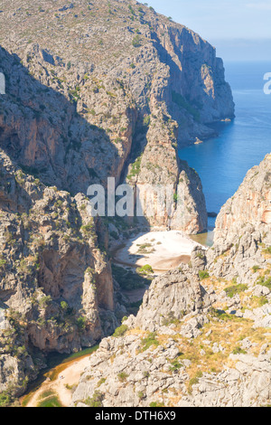 Majorca's northwest coast. Torrent de Pareis canyon mouth and beach near La Calobra. Escorca area, Balearic islands, Spain Stock Photo