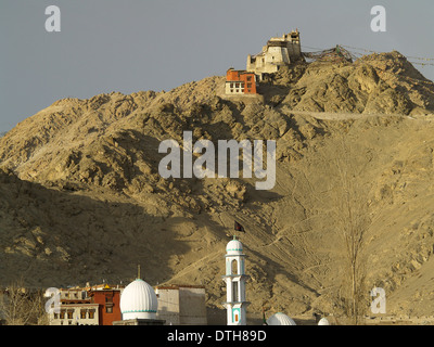 The Namla Tsemo Monastery sits over the Shia mosque in Leh,Ladakh,India Stock Photo