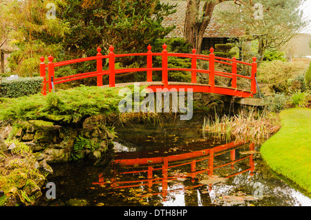 Red bridge over water at the Japanese Gardens at the Irish National Stud. Stock Photo