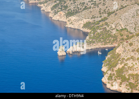 Sailboats anchored in Cala Murta cove. Formentor peninsula. Pollensa harbour. Aerial view. Majorca, Balearic islands, Spain Stock Photo