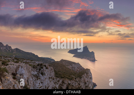 Dragonera island's silhouette at sunset, west off Majorca. Protected area. Andratx area. Balearic islands, Spain Stock Photo