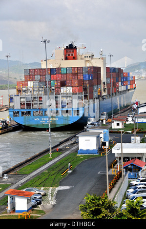 Mol Excellence ship leaving the Miraflores locks in Panama canal Stock Photo