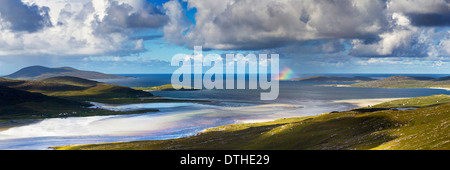A panorama view over Luskentyre beach on the Isles of Harris, Scotland. Taken from the Beinn Dhubh Stock Photo
