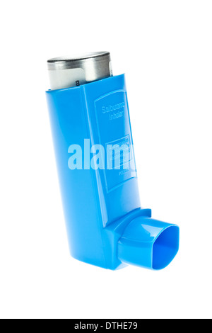 Blue reliever inhaler salbutamol inhaler asthma on a white background Stock Photo
