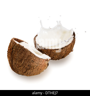 Coconuts with milk splash on white background Stock Photo