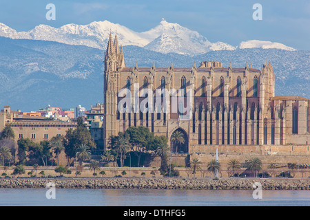 13th century Palma de Majorca Gothic cathedral. South facade. Tramuntana mountains. Majorca, Balearic islands, Spain Stock Photo
