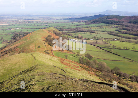 Looking across north Shropshire towards the Wrekin from the Lawley near Church Stretton, Shropshire, England, UK Stock Photo