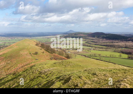 Looking across north Shropshire towards the Wrekin from the Lawley near Church Stretton, Shropshire, England, UK Stock Photo