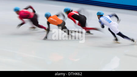 Sochi, Russia. 18th Feb, 2014. Skaters compete during the short track at the Iceberg Skating Palace during the Sochi 2014 Winter Olympics. © Paul Kitagaki Jr./ZUMAPRESS.com/Alamy Live News Stock Photo