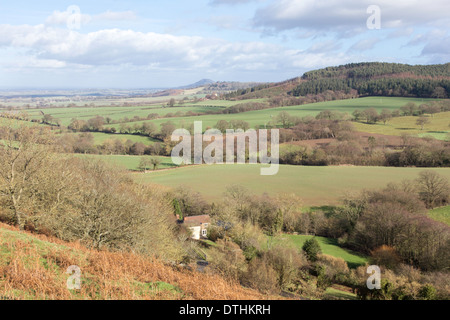 Looking across north Shropshire towards the Wrekin from the Lawley near Church Stretton, Shropshire, England, UK Stock Photo