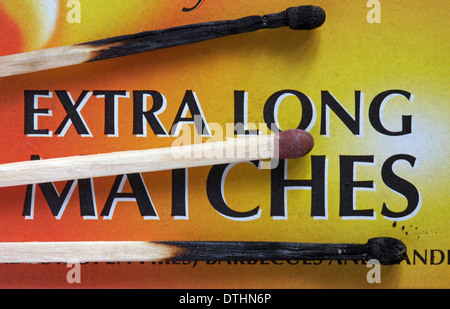 Bryant & May Extra Long Matches - two used matches and one new unused match on top of matchbox Stock Photo