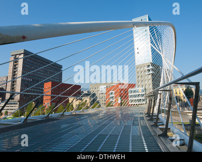 A view of Zubizuri (Campo Volantin Bridge, Puente del Campo Volantin), a bridge designed by Santiago Calatrava in Bilbao, Spain. Stock Photo