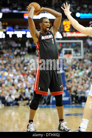 Dallas, TX, USA . 18th Feb, 2014. Miami Heat center Chris Bosh #1 during an NBA game between the Miami Heat and the Dallas Mavericks at the American Airlines Center in Dallas, TX Miami defeated Dallas 117-106 Credit:  Cal Sport Media/Alamy Live News Stock Photo