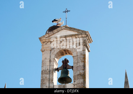 pair of storks nesting on top of a bell tower Portugal Stock Photo