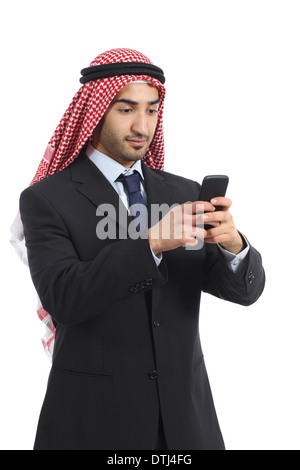 Arab Saudi emirates business man using a smartphone isolated on a white background Stock Photo