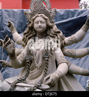 Hindu Goddess Durga in Kumartuli Kumortuli in Calcutta Kolkata in West Bengal in India in South Asia. Art Religion Religious Culture History Travel Stock Photo