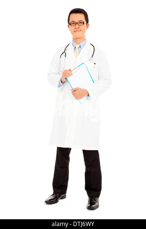 full length young smiling Doctor holding document over white Stock Photo