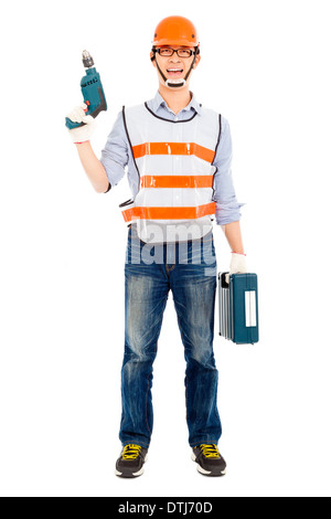 Male worker  holding  power drill and tool box over white background Stock Photo