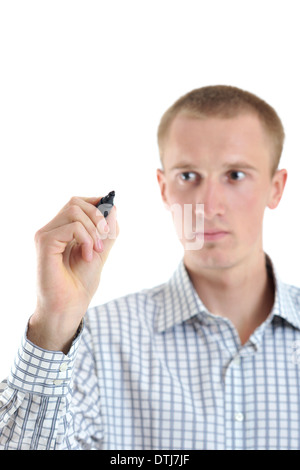 handsome young business man touching screen isolated Stock Photo