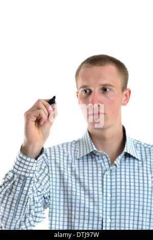 handsome young business man touching screen isolated Stock Photo
