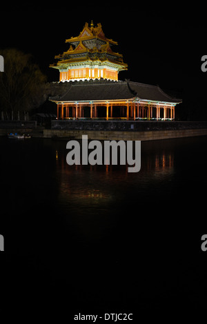Corner Tower of Forbidden City at night. Beijing, China. Stock Photo