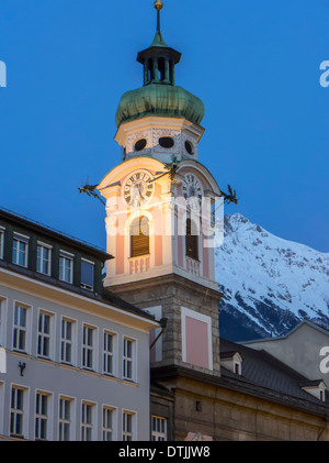 baroque Spital Church (Spitalkirche) built 1700,  Maria-Theresien-st, and Karwendel mountain range, Innsbruck, Tirol, Austria Stock Photo