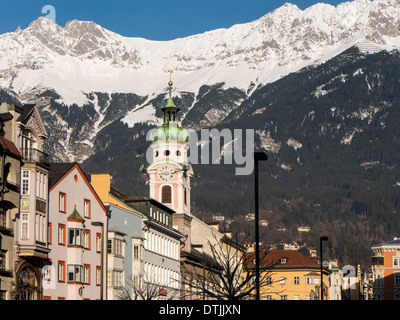 baroque Spital Church (Spitalkirche) built 1700,  Maria-Theresien-st, and Karwendel mountain range, Innsbruck, Tirol, Austria Stock Photo