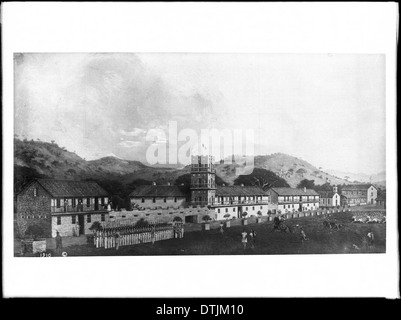 Painting of Fort Vallejo and Mission San Francisco Solano de Sonoma, ca.1900 Stock Photo